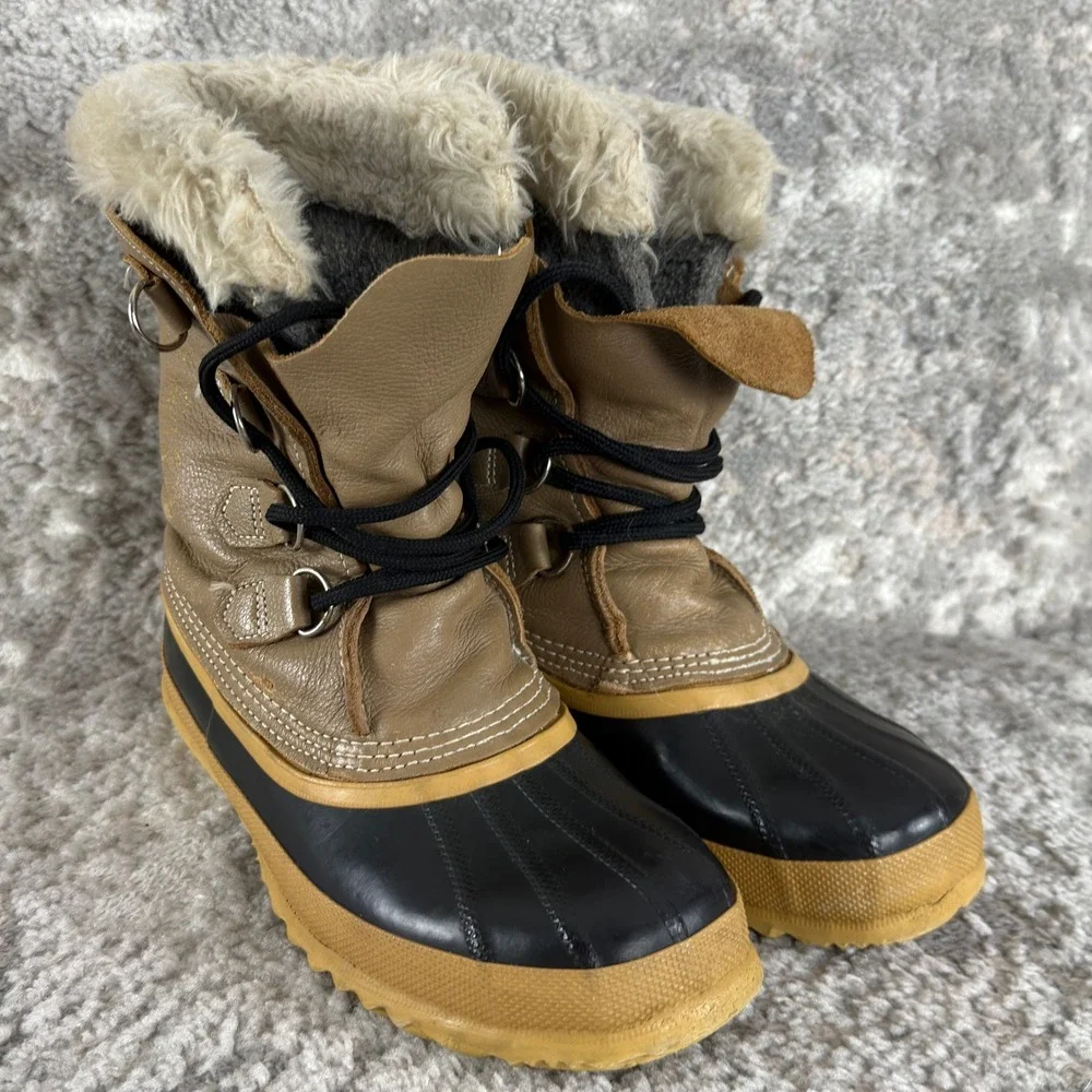 Sorel Size 10 Caribou Winter Snow‎ Duck Boots Tan Black Mid Calf Womens